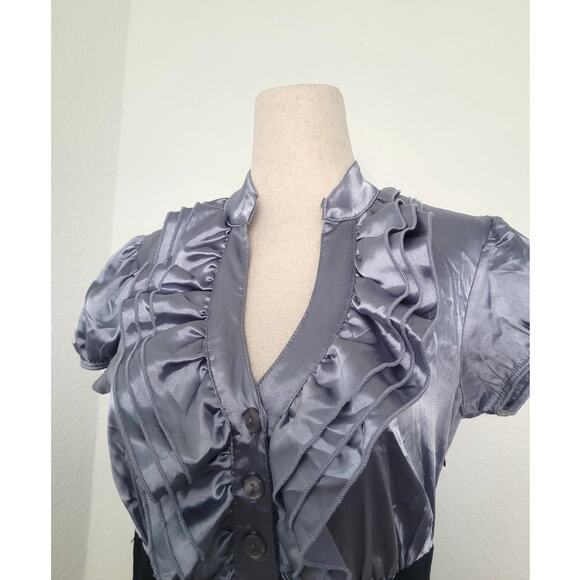 Vintage Y2K Satin Ruffle Sheath Dress Size 7 Gray Preppy Office Siren Coquette - Picture 3 of 8